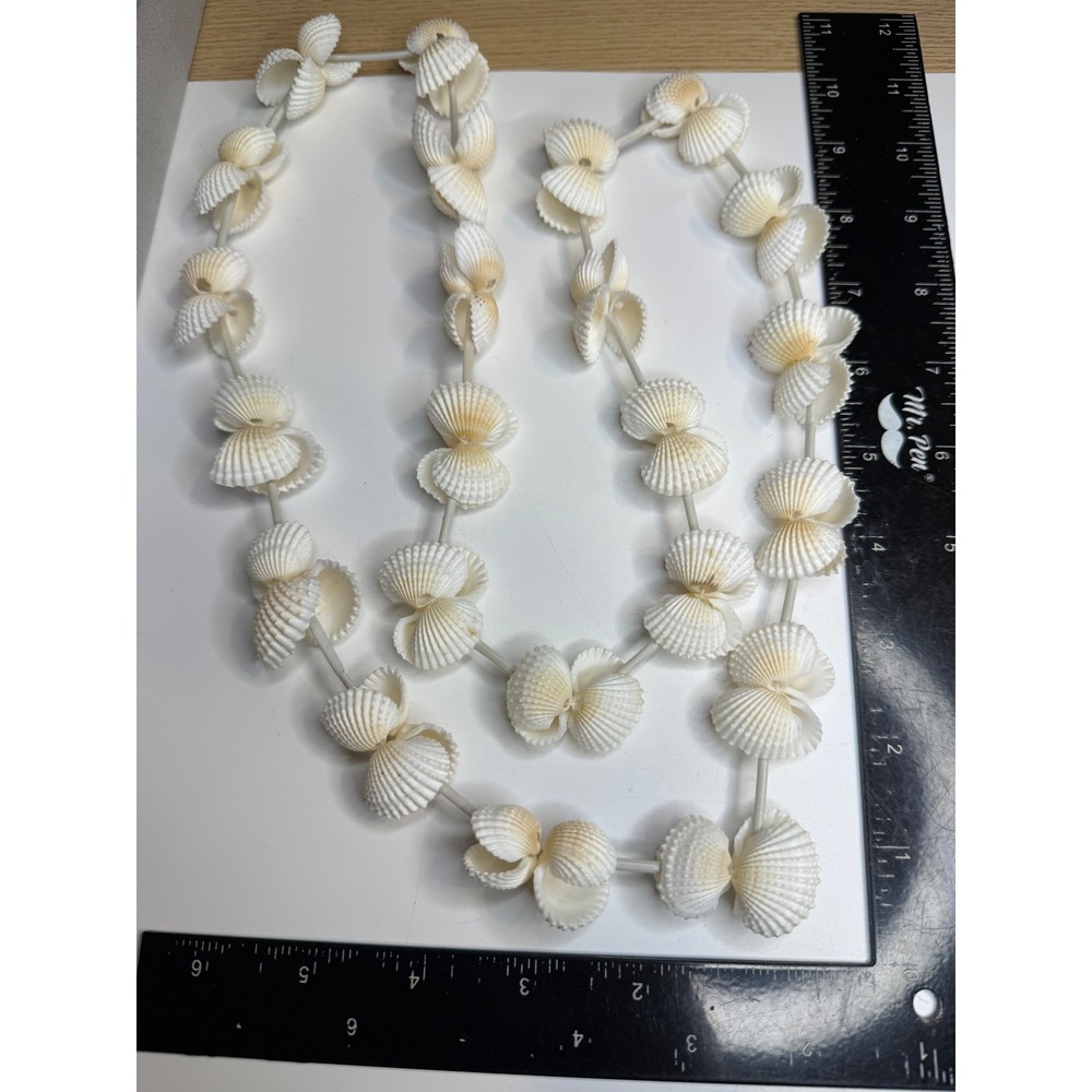Natural White Cockle Shell Lei Necklace Long Tropical Beach Luau Boho Accessory